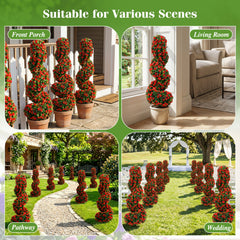Set of 2 Artificial Spiral Topiary Trees with Sun Protection and Ground Spikes-Red
