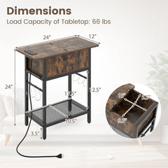 Set of 2 End Table with Charging Station and Hidden Compartment-Rustic Brown