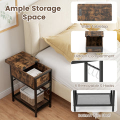 Set of 2 End Table with Charging Station and Hidden Compartment-Rustic Brown
