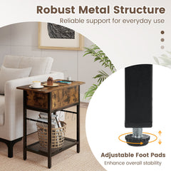 Set of 2 End Table with Charging Station and Hidden Compartment-Rustic Brown