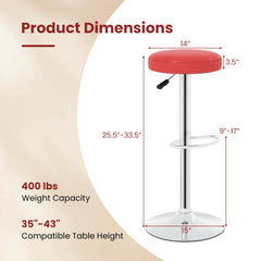 Set of 2 Backless Gas Lift Bar Stools in Red with Chrome Base, 25.5 to 33.5 Inch Seat