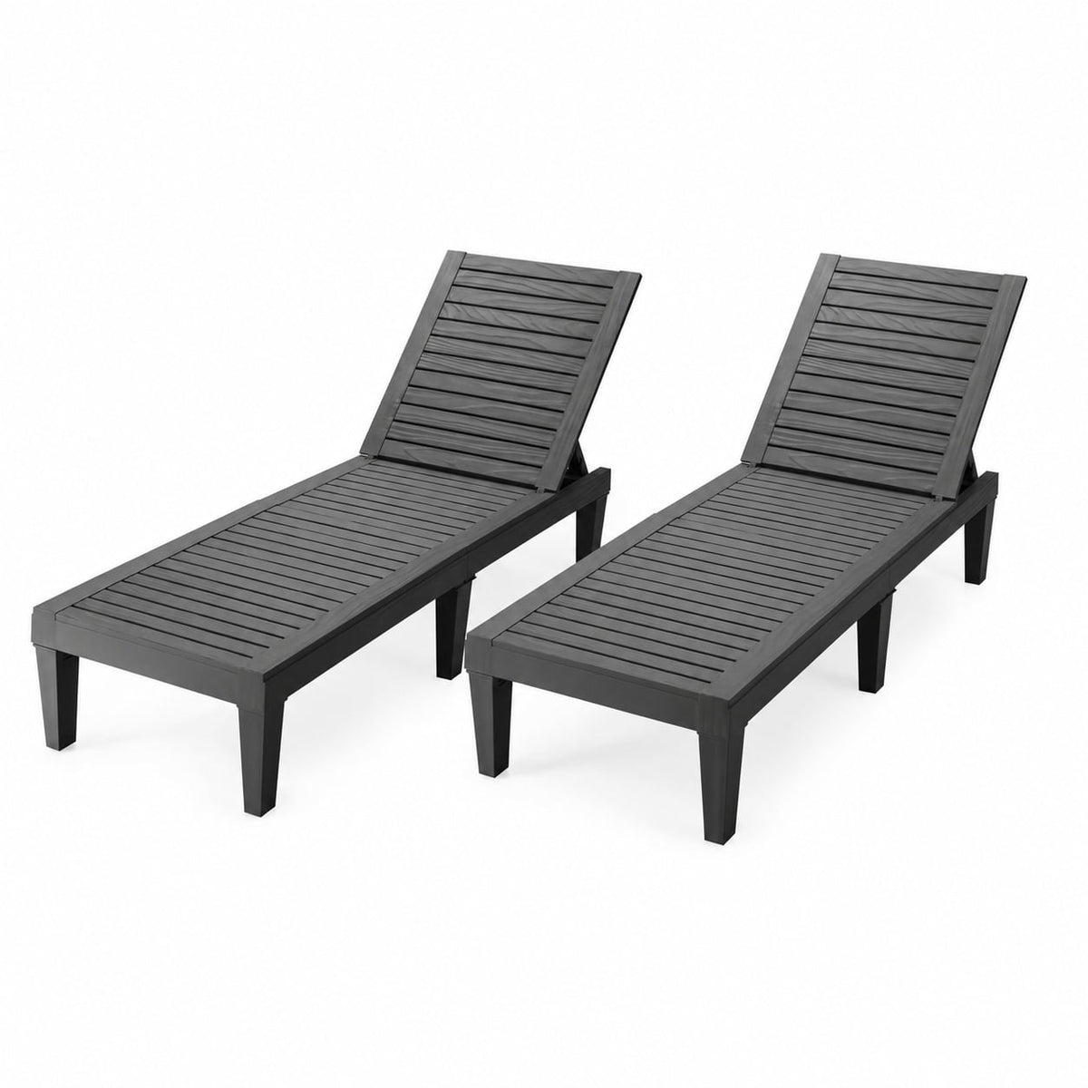 Set of 2 Slatted PP Chaise Loungers with 5 Position Backrests, Black