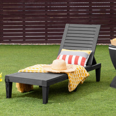Set of 2 Slatted PP Chaise Loungers with 5 Position Backrests, Black