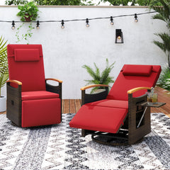 Set of 2 Wicker Swivel Recliners with Arm Tables and 400 lb Capacity, Red