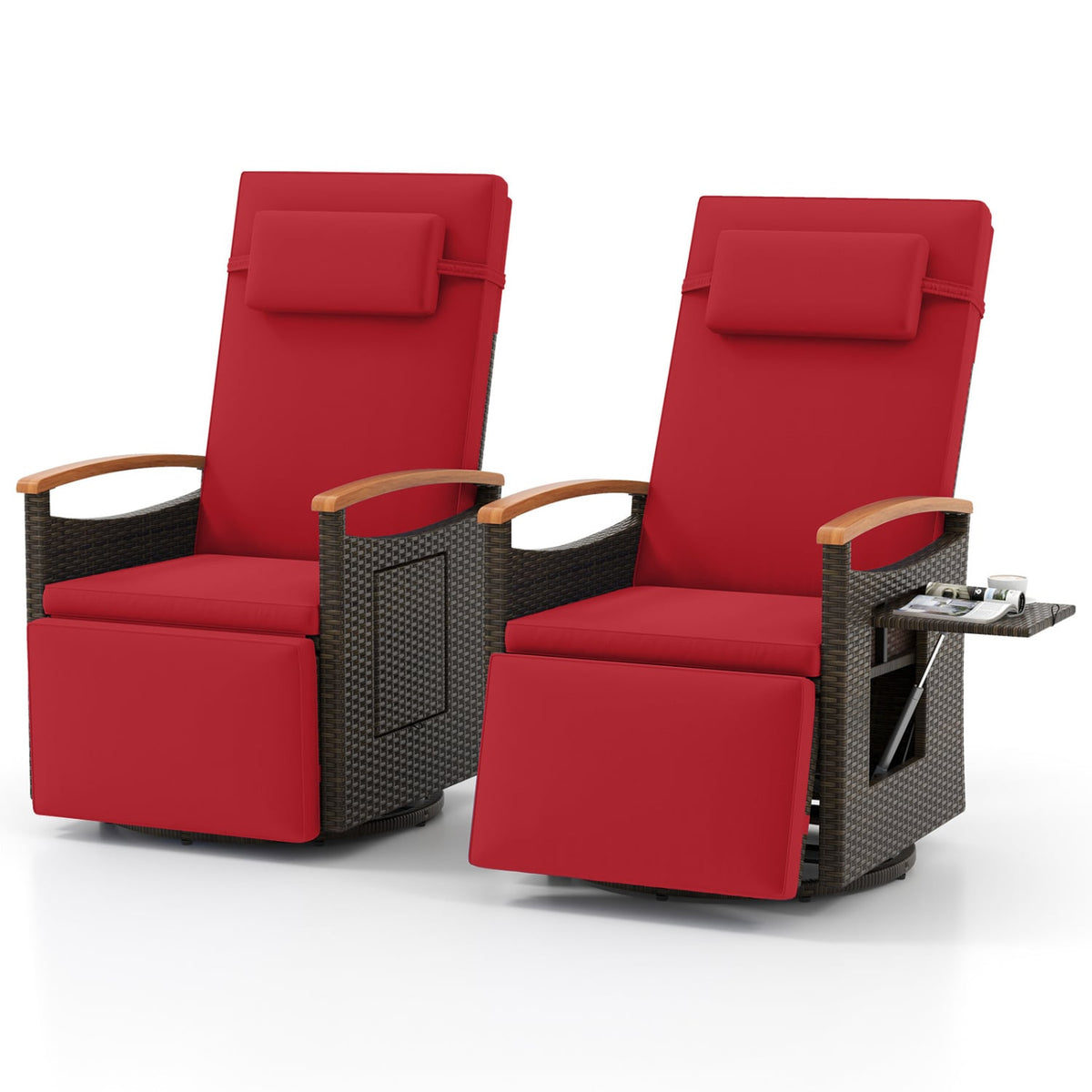 Set of 2 Wicker Swivel Recliners with Arm Tables and 400 lb Capacity, Red