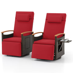 Set of 2 Wicker Swivel Recliners with Arm Tables and 400 lb Capacity, Red
