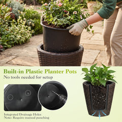 Set of 2 Plastic Taper Rattan Planters with Drainage Holes and Saucers-Brown
