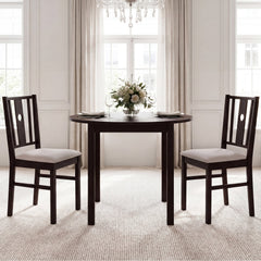 Set of 2 Slat Back Kitchen Chairs with Padded Fabric Seat, Coffee Rubber Wood