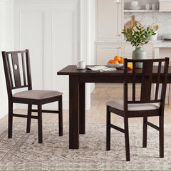 Set of 2 Slat Back Kitchen Chairs with Padded Fabric Seat, Coffee Rubber Wood