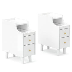 Set of 2 Solid Wood Night Side Table with Pull-out Tray and 2 Storage Drawers-White