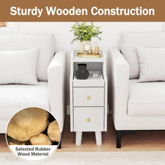 Set of 2 Solid Wood Night Side Table with Pull-out Tray and 2 Storage Drawers-White