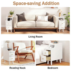Set of 2 Solid Wood Night Side Table with Pull-out Tray and 2 Storage Drawers-White