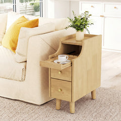 Set of 2 Solid Wood Night Side Table with Pull-out Tray and 2 Storage Drawers-Natural