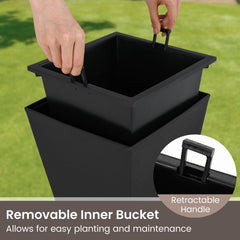 Set of 2 Square Taper Planter with Optional Drainage Hole and Removable Inner Bucket-Black
