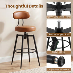 Set of 2 Swivel Bar Stools with Floating Curved Backs in Brown, 30 Inch Seat Height