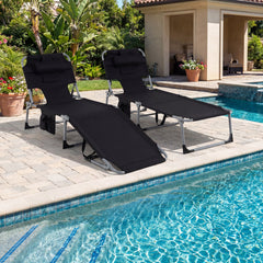 Set of 2 Folding Tanning Chairs with Face Holes and Side Pockets, Black