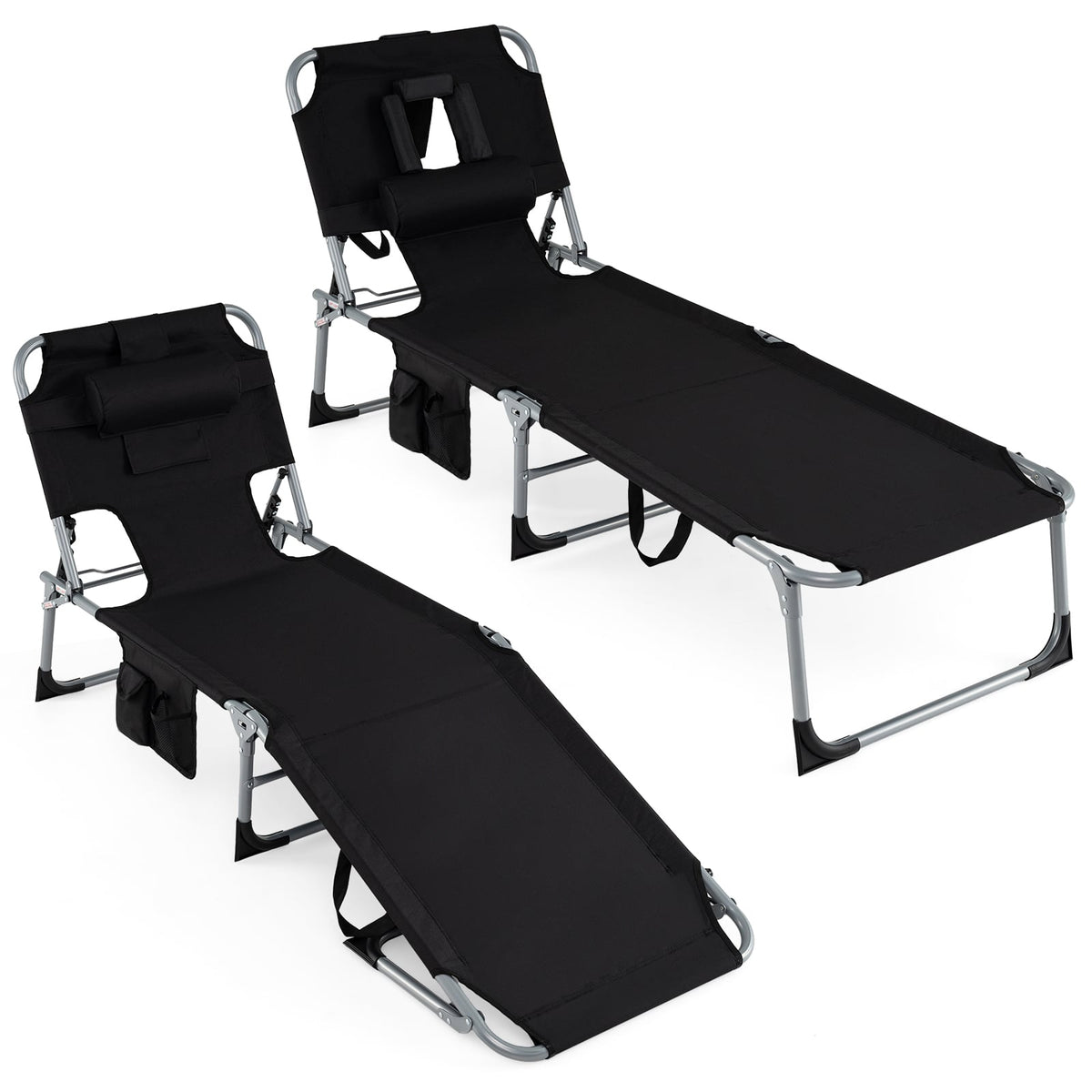 Set of 2 Folding Tanning Chairs with Face Holes and Side Pockets, Black