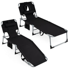 Set of 2 Folding Tanning Chairs with Face Holes and Side Pockets, Black
