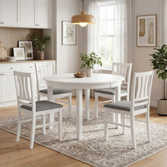 Set of 4 White Dining Chairs with Split Splat Back and Grey Linen Style Seat