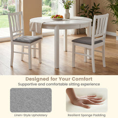 Set of 4 White Dining Chairs with Split Splat Back and Grey Linen Style Seat