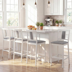 Set of 4 Bar Height Stools in White with Linen Seats and Tilted Backs, 29.5 Inch