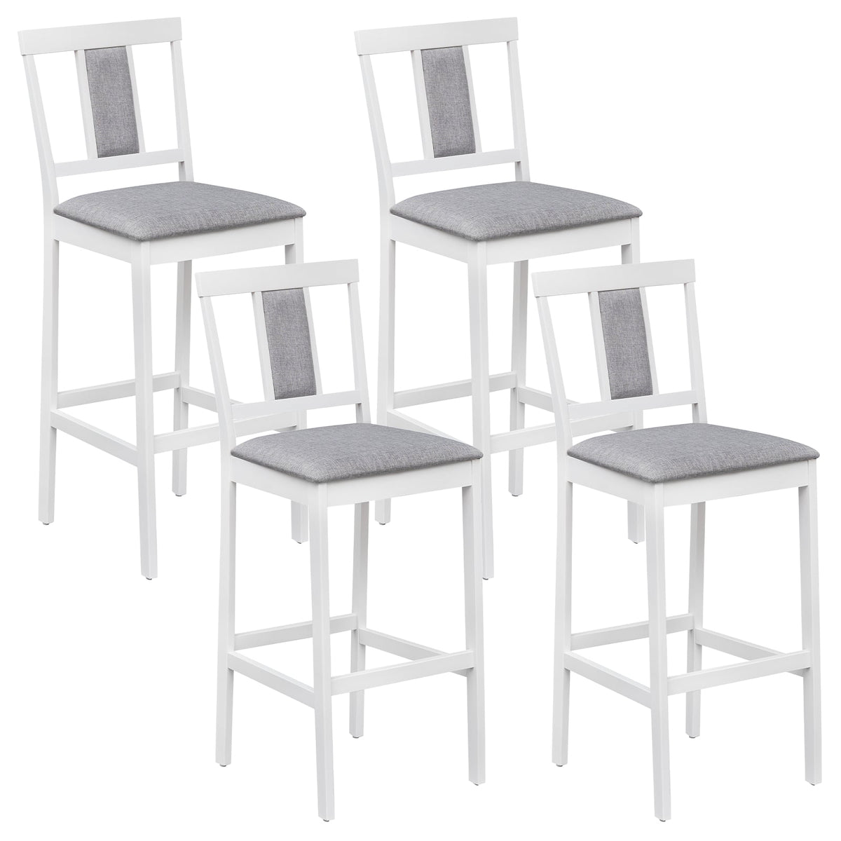 Set of 4 Bar Height Stools in White with Linen Seats and Tilted Backs, 29.5 Inch