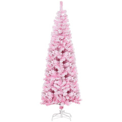 5 FT Snow Flocked Artificial Christmas Tree, Pencil Xmas Tree with Realistic Branches, Auto Open and Steel Base, Pink