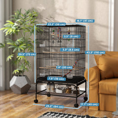 52" Bird Cage with Rolling Stand, Toys, for Budgies Canaries Black