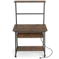 Small Computer Desk with Charging Station and LED Lights and Wheels-Rustic Brown