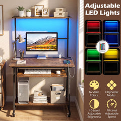 Small Computer Desk with Charging Station and LED Lights and Wheels-Rustic Brown