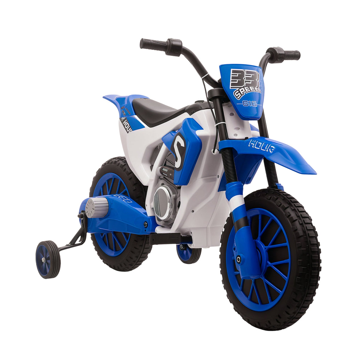 Kids Dirt Bike 12V Battery-Powered Ride-On Electric Motorcycle with Charging Battery, Training Wheels Blue
