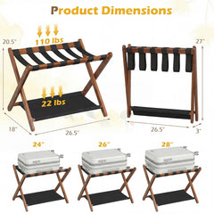 Solid Rubberwood Folding Luggage Rack with Nylon Shelves-Brown