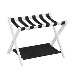 Solid Rubberwood Folding Luggage Rack with Nylon Shelves-White