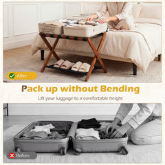Solid Rubberwood Folding Luggage Rack with Nylon Shelves Set of 2-Brown