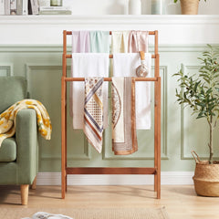 Solid Wood 3-Tier Freestanding Towel Rack with Teak Oil Finish
