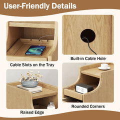 Solid Wood Night Side Table Narrow Bedside Table Nightstand with Pull-out Tray and 2 Storage Drawers-Natural