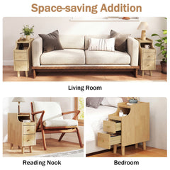 Solid Wood Night Side Table Narrow Bedside Table Nightstand with Pull-out Tray and 2 Storage Drawers-Natural