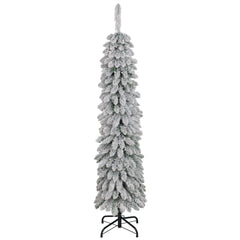 6 Ft Snow-Flocked Artificial Christmas Tree, Slim Pencil Xmas Tree with Realistic Branches, Metal Base, Green
