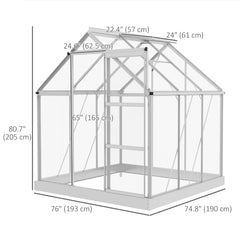 6' x 4' Walk-In Greenhouse, Polycarbonate Greenhouse with Sliding Door, Window, Aluminium Frame, Foundation, Silver
