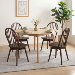 Set of 4 Swivel Windsor Dining Chairs with Spindle Back, Walnut Rubber Wood