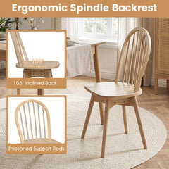 Set of 2 Swivel Windsor Dining Chairs with Spindle Back, Natural Rubber Wood