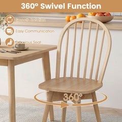 Set of 2 Swivel Windsor Dining Chairs with Spindle Back, Natural Rubber Wood