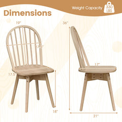 Set of 2 Swivel Windsor Dining Chairs with Spindle Back, Natural Rubber Wood