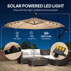 9.7ft Solar LED Cantilever Patio Umbrella with 32 LED Lights, Cross Base, Crank Handle, for Poolside, Deck, Dark Blue