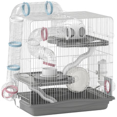 3-Tier Hamster Cage, Portable Gerbil Cage with Exercise Wheels, Water Bottle, Food Dish, for Dwarf Hamsters, Mouse, Grey