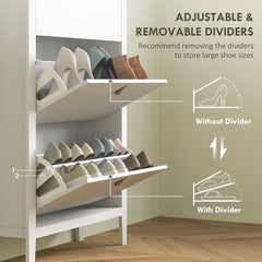 Narrow Shoe Cabinet with 2 Flip Drawers, Adjustable Shelves for Entryway, Holds 10-14 Pairs, White