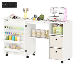 Rolling Sewing Machine Table with Power Outlet, Folding Craft Table with 2 Fabric Drawers, 2 Bins and 18 Pegs, Black