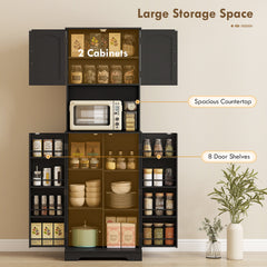 71.5" Tall Pantry Cabinet, Farmhouse Kitchen Storage Cabinet with Adjustable Shelves, 8 Door Spice Racks, Black
