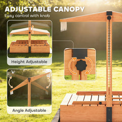 Kids Sandbox with Canopy, Wooden Sand Box with Foldable Picnic Table, Bench Seats, Liner, Cover, Gift for Ages 3-8