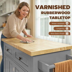 Kitchen Island with Storage, Rolling Trolley Cart with Rubber Wood Top, Spice Rack, Towel Rack, Brown Oak